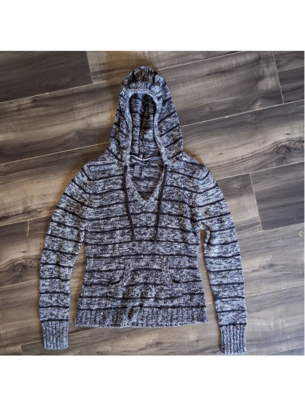 Women's Ashley by 26 International Striped Hooded Sweater Black White Size L